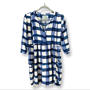 Maeve Anthropology Blue and White Grid Print Front Pocket Popover Tie Back Dress